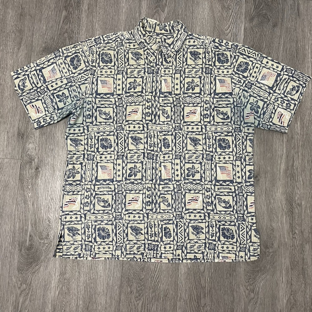 Reyn Spooner Shirt Mens Large Beige Blue Hawaiian Aloha USA Flag Stamp